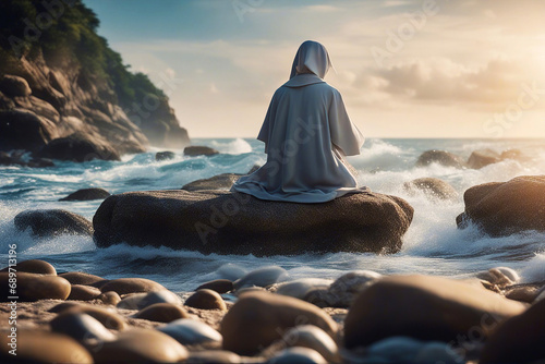 Nun by the sea. A nun prays on the seashore. Selective focus. AI generated