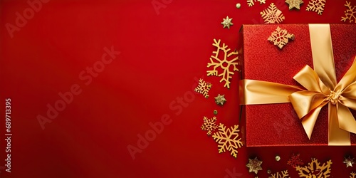 Vibrant christmas composition featuring red and gold decorations xmas gift boxes and festive ribbons. Happy holiday design creates warm and inviting atmosphere