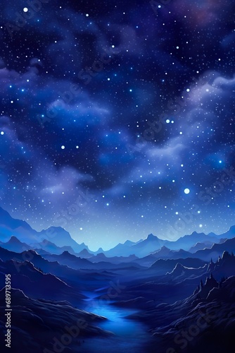 mountains and dark night sky with stars landscape, background in style of blue and purple