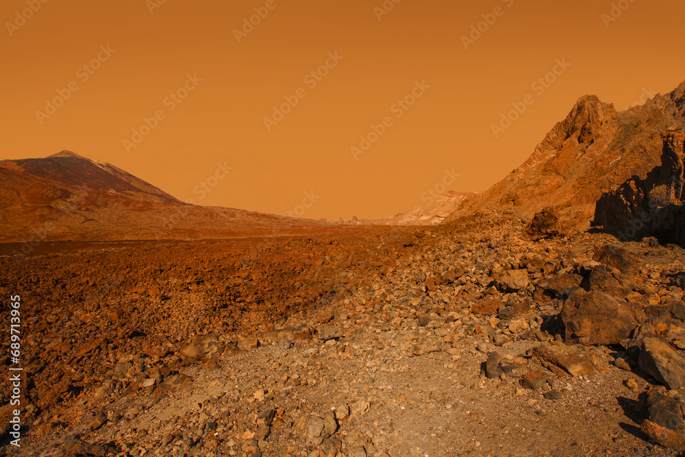 Science fiction background with desert sand, hills and red empty sky