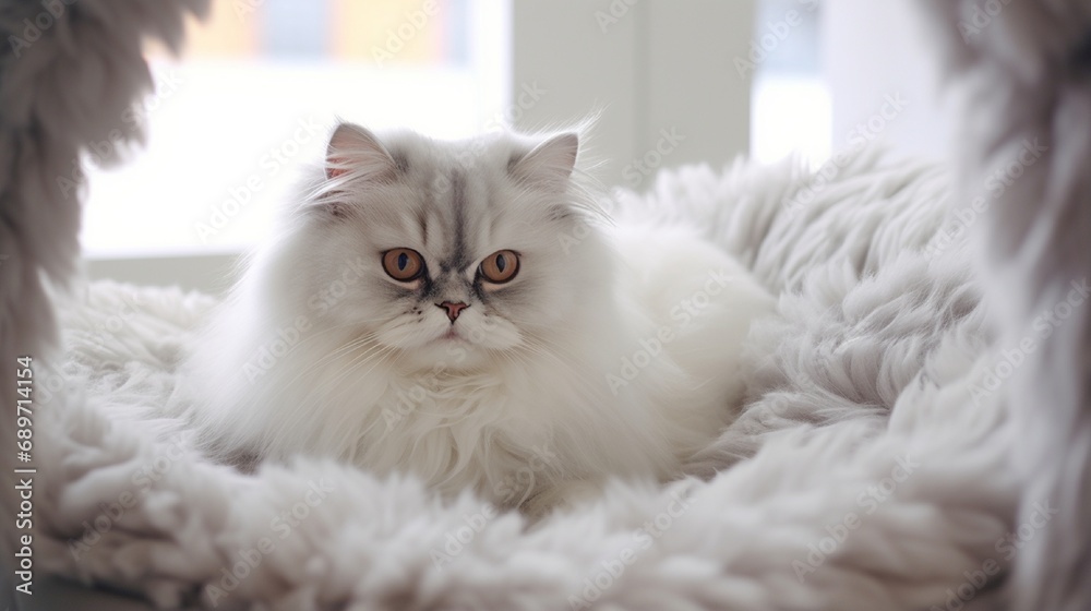 Obraz premium A chinchilla persian cat relaxing in a cat bed