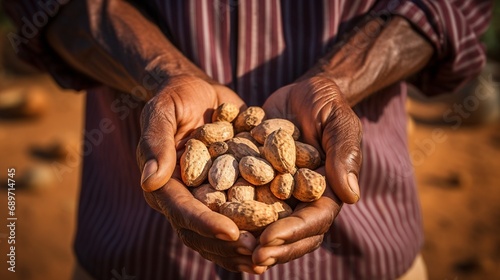 A closeup shot of a farmer holding groundnuts  photo