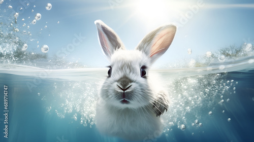 a rabbit swimming in a pool,rabbit chinese new year at sea,A rabbit swimming in the water at sunset.A cute rabbit floating in the ocean.Rabbit playing in the pool, Generative AI © Samra