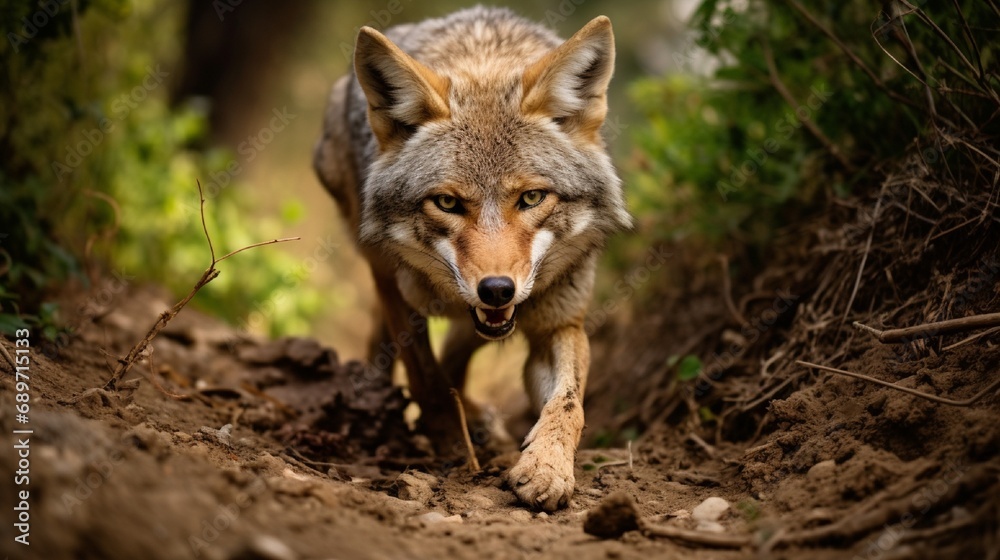 A coyote (Canis latrans) carries a dead pocket gopher while walking along a hiking trail in Woodland Hills, Los Angeles, California USA A coyote (Canis latrans) carries a dead pocket gopher while walking along a hiking trail in Woodland Hills, Los Angeles, California USA