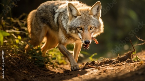 A coyote  Canis latrans  carries a dead pocket gopher while walking along a hiking trail in Woodland Hills  Los Angeles  California USA