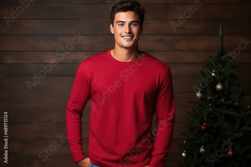 Model Wearing Red Sweatshirt Mockup, Perfect For Christmas Highquality Photo