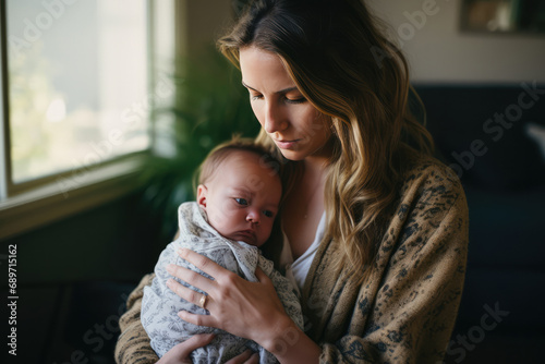 Mother Battles Postpartum Depression While Holding Baby photo