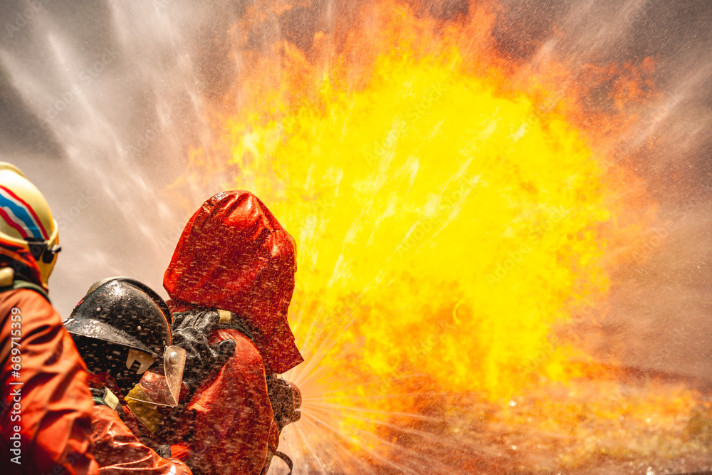 firefighter train fireman team extinguish spraying fire gas explosion