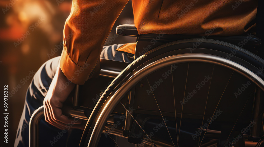 Obraz premium Close-up of a young disabled man in a wheelchair. Seated man. Recovery and healthcare concept.