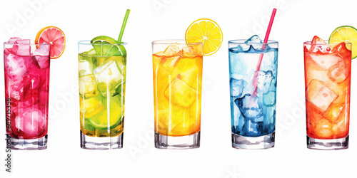 Watercolor style, white banner with a variety of cocktails on a white background.