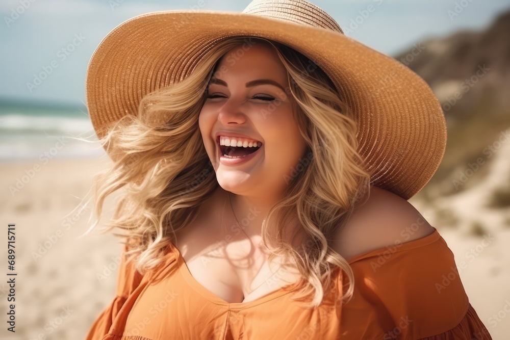 Plus Size Woman Enjoying Beach Highquality Photo. Сoncept Beach Body Positivity, Body Confidence, Summer Fun With Curves, Empowering Plus Size Portraits, Sun-Kissed Happiness