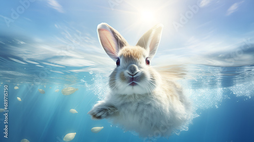 a rabbit swimming in a pool,bunny jumping on blue water,bunny jumping on swimming in a pool,generative ai photo