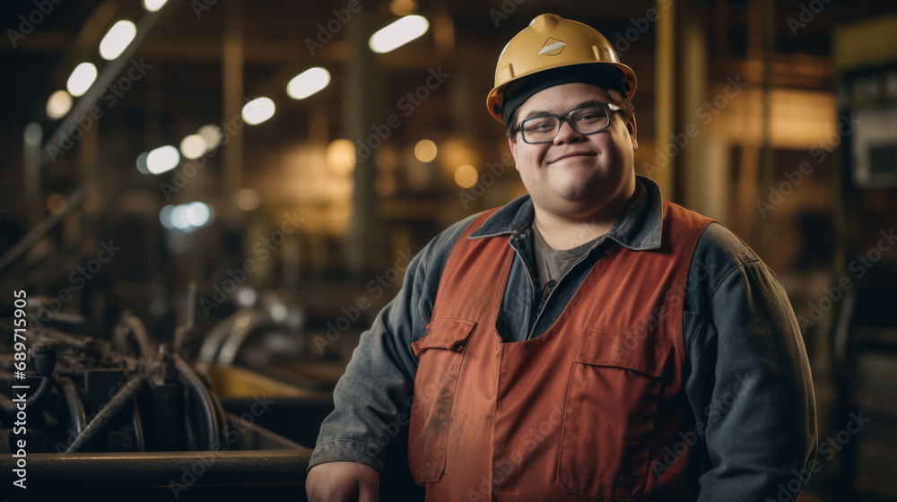 Portrait of a young man with Down syndrome working in a factory. A smiling man with mental retardation wearing a hard hat at an industrial enterprise. Social integration concept.