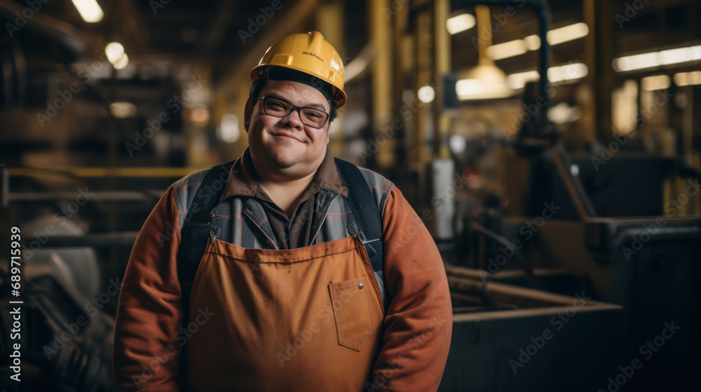 Portrait of a young man with Down syndrome working in a factory. A smiling man with mental retardation wearing a hard hat at an industrial enterprise. Social integration concept. Portrait of a young man with Down syndrome working in a factory. A smiling man with mental retardation wearing a hard hat at an industrial enterprise. Social integration concept.