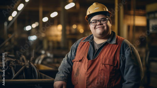 Portrait of a young man with Down syndrome working in a factory. A smiling man with mental retardation wearing a hard hat at an industrial enterprise. Social integration concept.