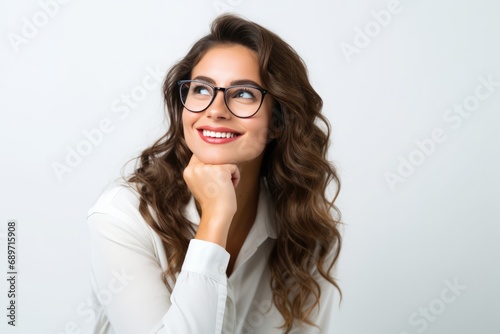 Satisfied Woman Wearing Glasses On White Background