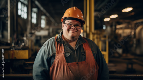 Portrait of a young man with Down syndrome working in a factory. A smiling man with mental retardation wearing a hard hat at an industrial enterprise. Social integration concept.