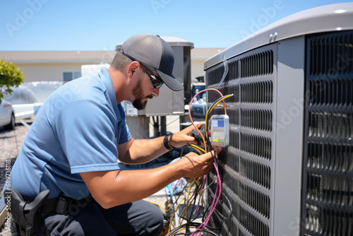 Technician Works On Air Conditioning Unit On Hot Day