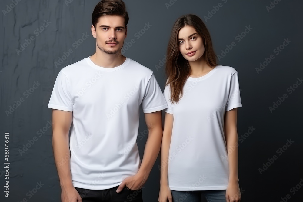 White Woman And Man Wearing Blank White Tshirts Mockup White Woman And Man Wearing Blank White Tshirts Mockup