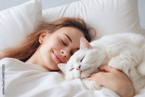 Woman And Cat Sleeping Together In White Bed. Сoncept Cozy Cat Naps, Dreamy Moments, Bonding With Pets, Peaceful Slumber