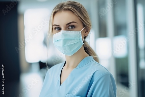 Woman In Hospital Wearing Mask, Representing Various Professions. Сoncept Frontline Heroes, Essential Workers, Diversity In Professions, Symbol Of Resilience photo
