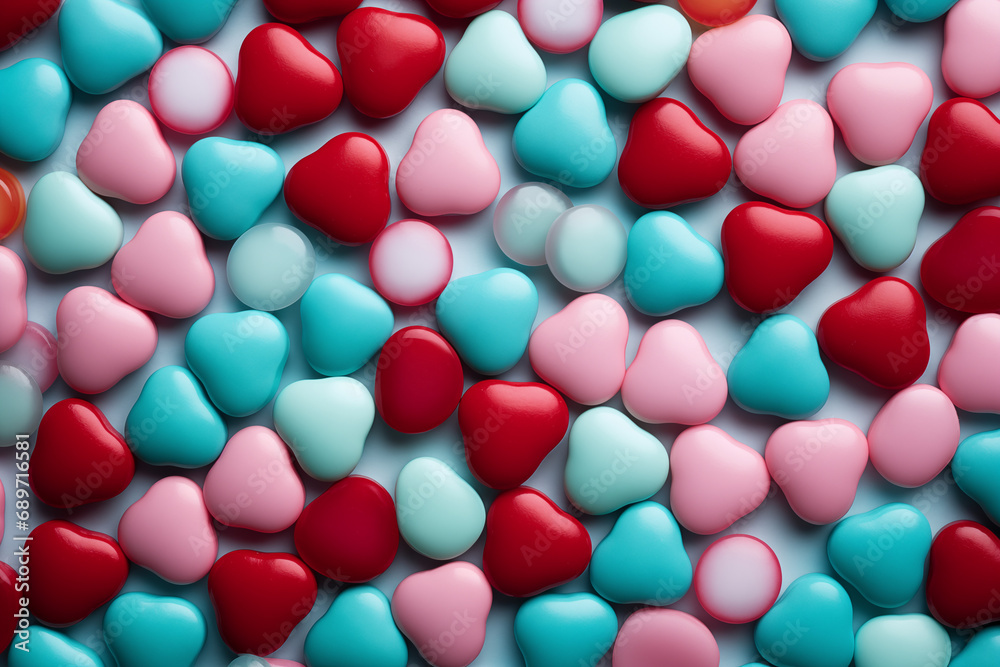 Colorful heart shaped candy, in the style of light teal and light crimson, rounded shapes Colorful heart shaped candy, in the style of light teal and light crimson, rounded shapes