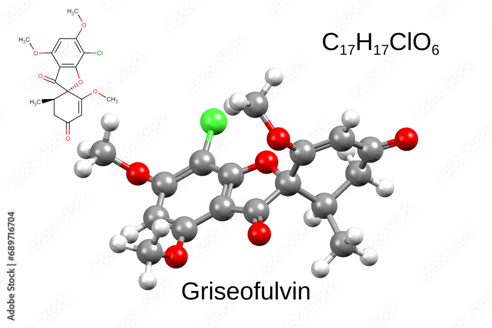 Chemical formula, structural formula and 3D ball-and-stick model of antifungal agent griseofulvin Chemical formula, structural formula and 3D ball-and-stick model of antifungal agent griseofulvin