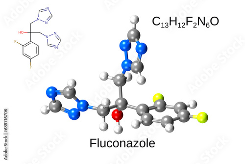Chemical formula, structural formula and 3D ball-and-stick model of antifungal agent fluconazole
