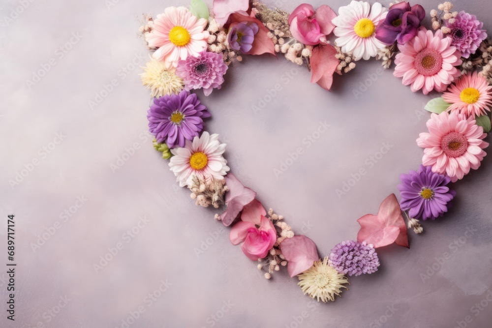 Top view heart shaped frame from pastel color flowers, st. Valentine's heart background, copy space, greeting card.