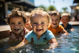 A group of smiling toddlers enjoys a refreshing moment in a swimming pool. The image perfectly captures the joy and excitement of early swimming experiences.
