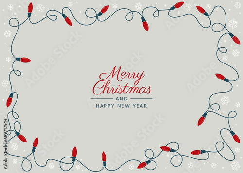 Vector Christmas template frame card with Christmas lights and snowflakes. Text: Merry Christmas and Happy New Year.