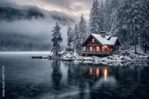 A serene winter landscape with a snow-covered cabin and a frozen lake