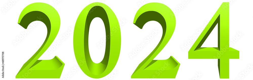 Concept or conceptual 2024 year made of green font isolated on white background. An abstract 3D illustration as a metaphor for future and hope, business, prosperity, holiday, joy and happiness Concept or conceptual 2024 year made of green font isolated on white background. An abstract 3D illustration as a metaphor for future and hope, business, prosperity, holiday, joy and happiness