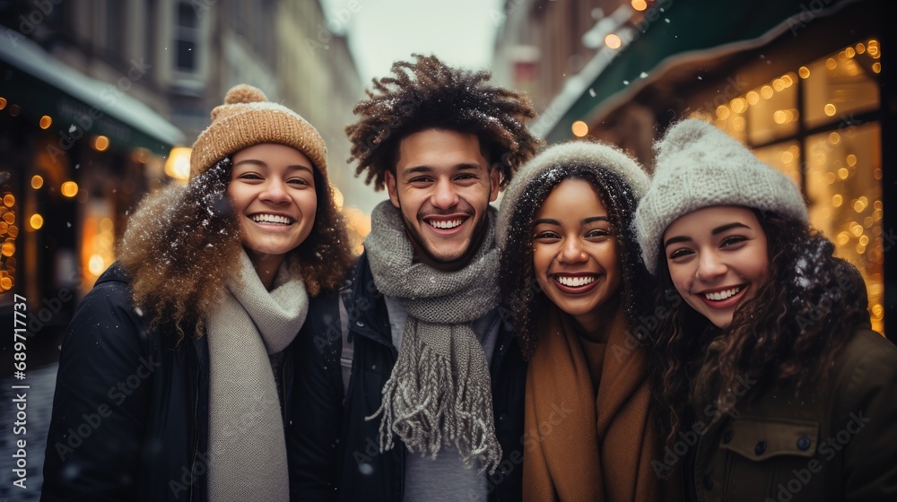 group of young friends having fun on European street in winter - obrazy, fototapety, plakaty 