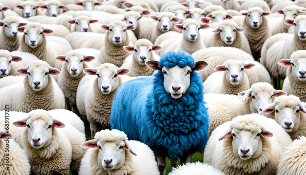 Un mouton bleu dans un troupeau de mouton blanc, concept être différent, penser différemment, sortir du lot, être original - IA générative - obrazy, fototapety, plakaty 