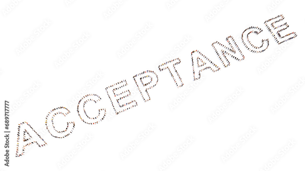 Fototapeta premium Conceptual large community of people forming the word ACCEPTANCE. 3d illustration metaphor for self care and love, positive thinking, happiness, inclusion, education, confidence and success