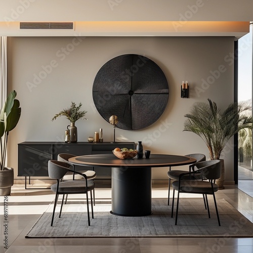 dining area with a round black-colored dining table in an apartment photo