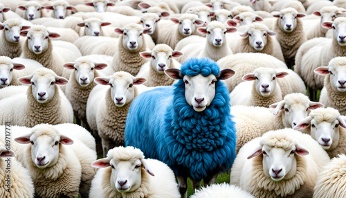 Un mouton bleu dans un troupeau de mouton blanc, concept être différent, penser différemment, sortir du lot, être original - IA générative photo