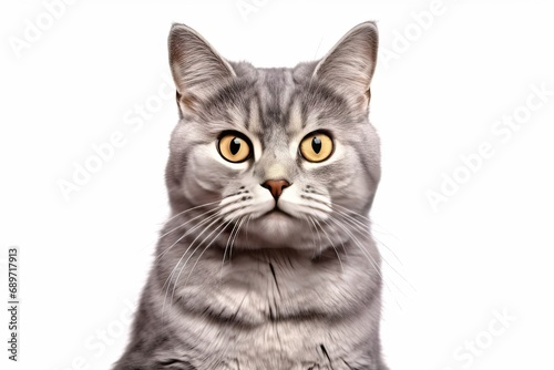 Captivating feline charm. Cute and adorable white kitten with grey markings isolated on white background. Playful british shorthair showcases beautiful fur and expressive eyes cat