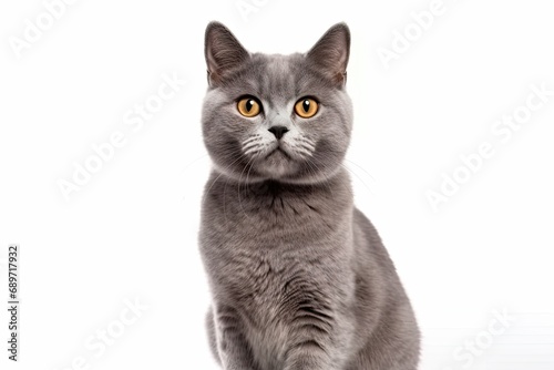 Captivating feline charm. Cute and adorable white kitten with grey markings isolated on white background. Playful british shorthair showcases beautiful fur and expressive eyes cat