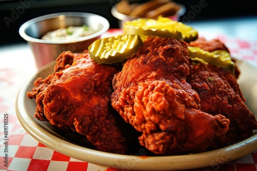 Nashville hot fried chicken with pickle., Classic american fried chicken cuisine