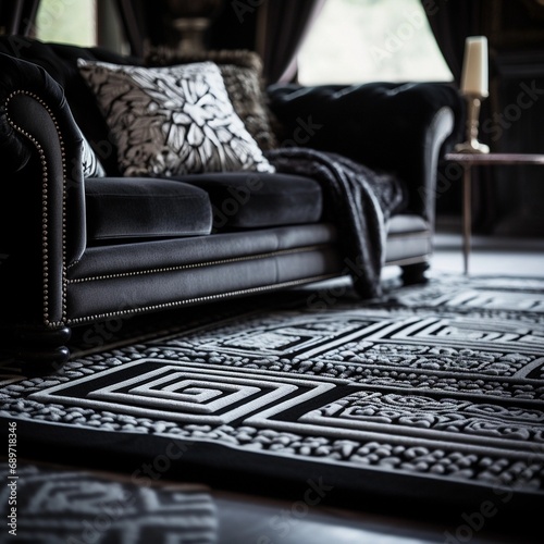 Close up of a beautiful carpet in the living room in a black and white colours photo