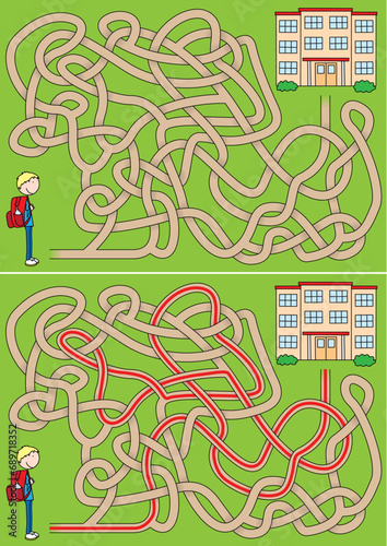 Boy going to school maze for kids with a solution