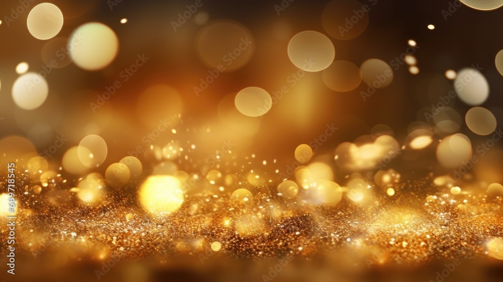 Happy Christmas light decorations in new year night winter background. Ornaments elements gold confetti bokeh color Xmas 2024 Glass ball tree decorations. Christmas glowing Golden Background.