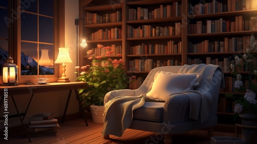 A cozy reading corner with a comfortable chair, floor-to-ceiling bookshelves, and warm lighting for a relaxing ambiance