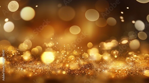 Happy Christmas light decorations in new year night winter background. Ornaments elements gold confetti bokeh color Xmas 2024 Glass ball tree decorations. Christmas glowing Golden Background.