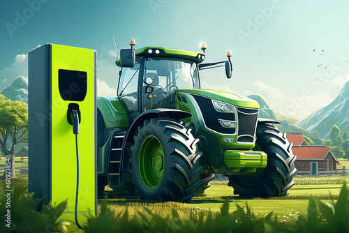 Electric vehicles charging station on a background of agricultural tractor. Concept