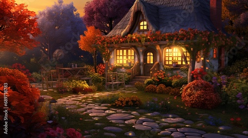 A cozy cottage surrounded by a garden ablaze