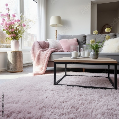 Close up of a beautiful carpet in the living room in a light colours photo