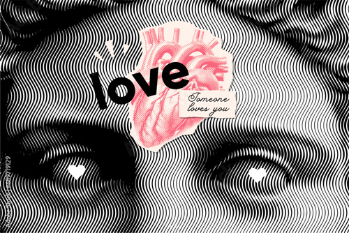 Engraved Valentine's day banner with halftone an antique statue face. A grungy contemporary design with torn out paper stickers. T-shirt print. Vector vintage illustration. New Wave.